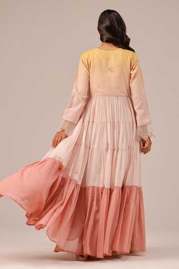 OurDve_Pink Linen Keyhole Neck Sea Salt Tiered Maxi Dress _at_Aza_Fashions