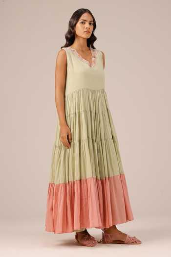 OurDve_Pink Linen V-, Collared Melon Muse Tiered Dress And Jacket Set _Online_at_Aza_Fashions