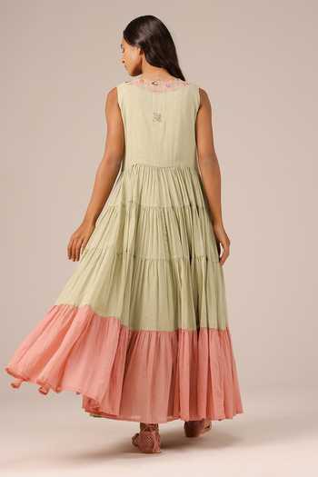 Buy_OurDve_Pink Linen V-, Collared Melon Muse Tiered Dress And Jacket Set _Online_at_Aza_Fashions