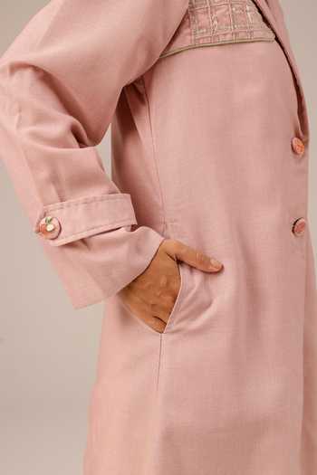 OurDve_Pink Linen V-, Collared Melon Muse Tiered Dress And Jacket Set _at_Aza_Fashions