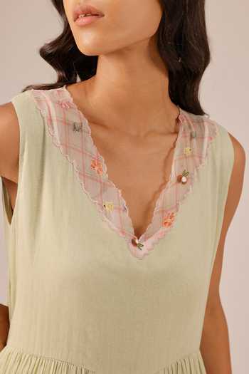 Buy_OurDve_Pink Linen V-, Collared Melon Muse Tiered Dress And Jacket Set 