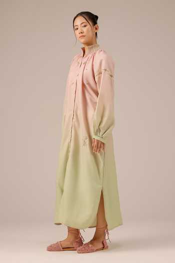 OurDve_Pink Linen High Neck Sorbet Maxi Dress _Online_at_Aza_Fashions