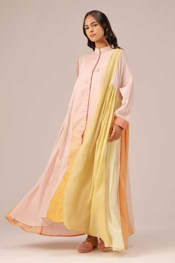 OurDve_Pink Linen Mandarin Collar Drift Panel Maxi Dress _Online_at_Aza_Fashions