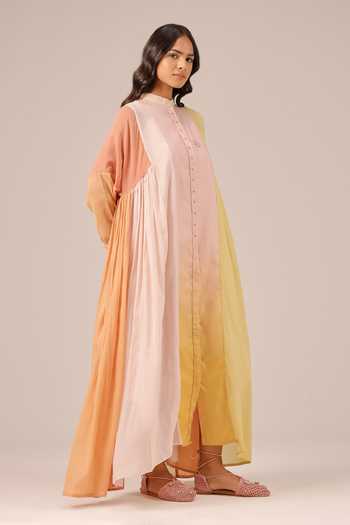 Buy_OurDve_Pink Linen Mandarin Collar Drift Panel Maxi Dress _Online_at_Aza_Fashions