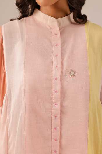 OurDve_Pink Linen Mandarin Collar Drift Panel Maxi Dress _at_Aza_Fashions