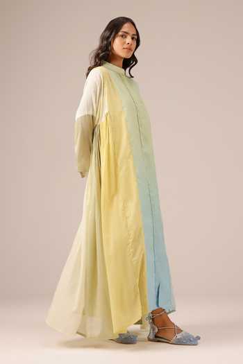 OurDve_Blue Linen Mandarin Collar Drift Mull Dress _Online_at_Aza_Fashions