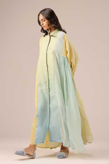 Buy_OurDve_Blue Linen Mandarin Collar Drift Mull Dress _Online_at_Aza_Fashions