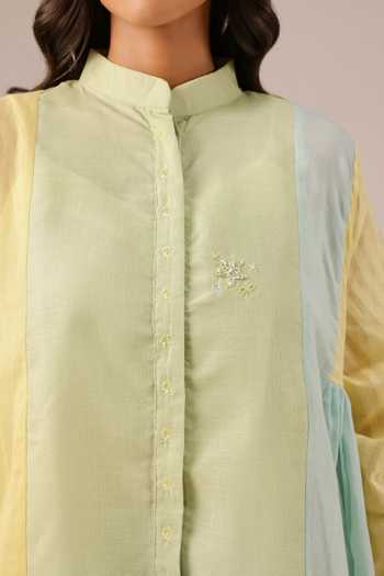 Shop_OurDve_Blue Linen Mandarin Collar Drift Mull Dress _Online_at_Aza_Fashions