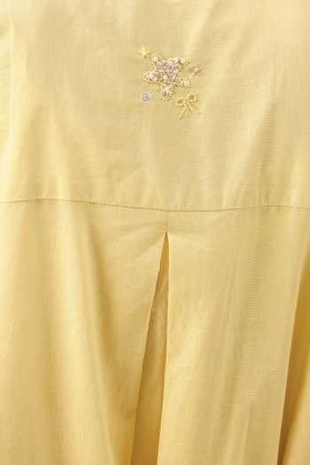 OurDve_Blue Linen Mandarin Collar Drift Mull Dress _at_Aza_Fashions