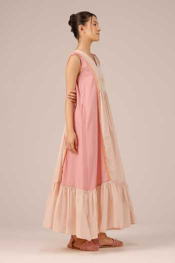 OurDve Pink Cotton, Organza V-, Shawl Merry Dress And Jacket Set Online at Aza Fashions OurDve_Pink Cotton, Organza V-, Shawl Merry Dress And Jacket Set _Online_at_Aza_Fashions