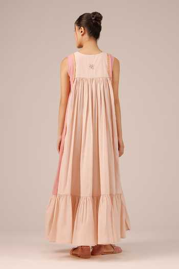 Buy_OurDve_Pink Cotton, Organza V-, Shawl Merry Dress And Jacket Set _Online_at_Aza_Fashions