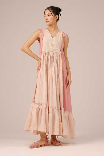 Shop_OurDve_Pink Cotton, Organza V-, Shawl Merry Dress And Jacket Set _Online_at_Aza_Fashions