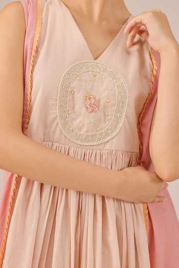Buy_OurDve_Pink Cotton, Organza V-, Shawl Merry Dress And Jacket Set 