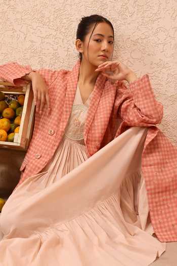Buy_OurDve_Pink Organza Open Neck Merry Checkered Jacket _Online_at_Aza_Fashions