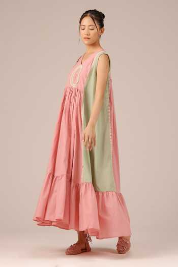 OurDve_Pink Cotton, Organza V-, Open Merry Tiered Dress And Jacket Set _Online_at_Aza_Fashions
