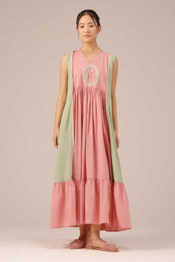 Buy_OurDve_Pink Cotton, Organza V-, Open Merry Tiered Dress And Jacket Set _Online_at_Aza_Fashions