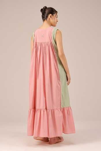 Shop_OurDve_Pink Cotton, Organza V-, Open Merry Tiered Dress And Jacket Set _Online_at_Aza_Fashions