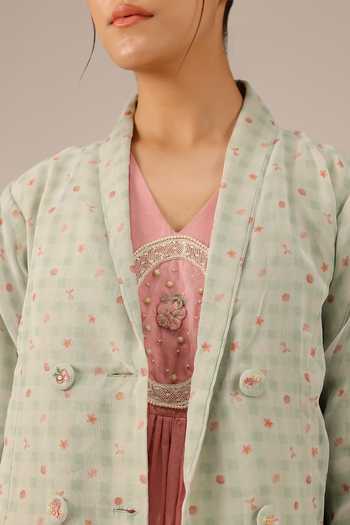 OurDve_Pink Cotton, Organza V-, Open Merry Tiered Dress And Jacket Set _at_Aza_Fashions