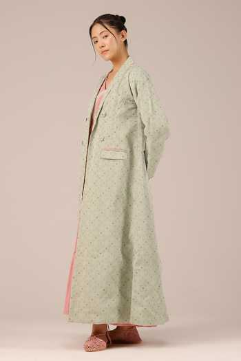 Shop_OurDve_Pink Cotton, Organza V-, Open Merry Tiered Dress And Jacket Set 