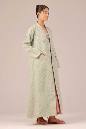 Buy_OurDve_Green Organza Shawl Neck Merry Full-length Jacket _Online_at_Aza_Fashions