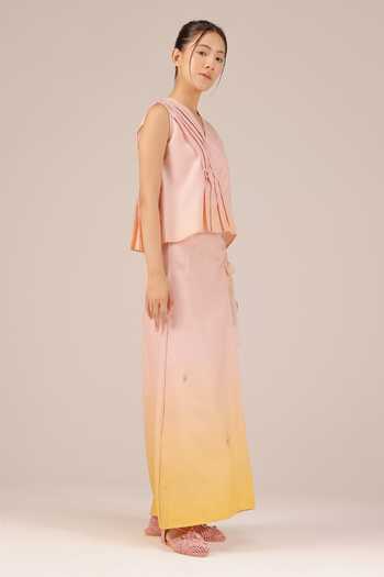 OurDve_Pink Linen V-neck Berry Breeze Pleated Top And Skirt Set _Online_at_Aza_Fashions