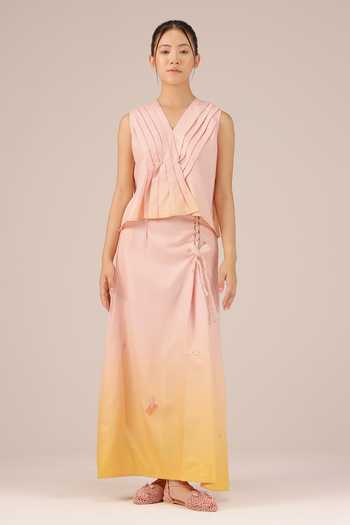 OurDve Berry Breeze Pleated Linen Top & Skirt Set 