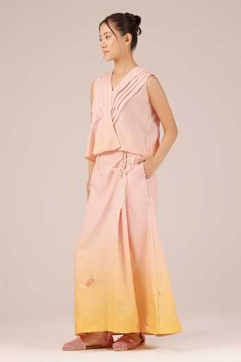Buy_OurDve_Pink Linen V-neck Berry Breeze Pleated Top And Skirt Set _Online_at_Aza_Fashions