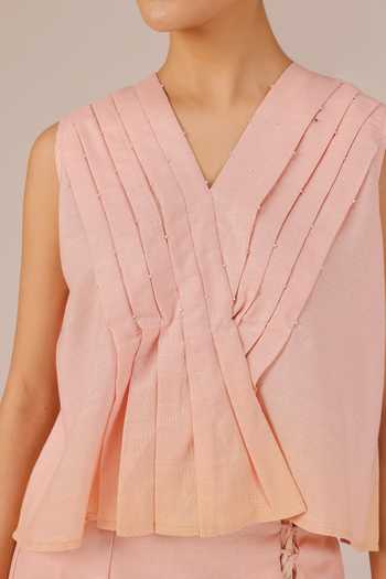 OurDve_Pink Linen V-neck Berry Breeze Pleated Top And Skirt Set _at_Aza_Fashions