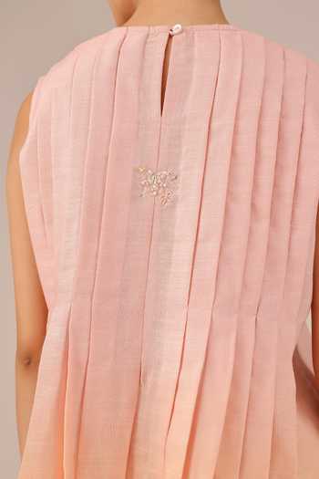 Buy_OurDve_Pink Linen V-neck Berry Breeze Pleated Top And Skirt Set 