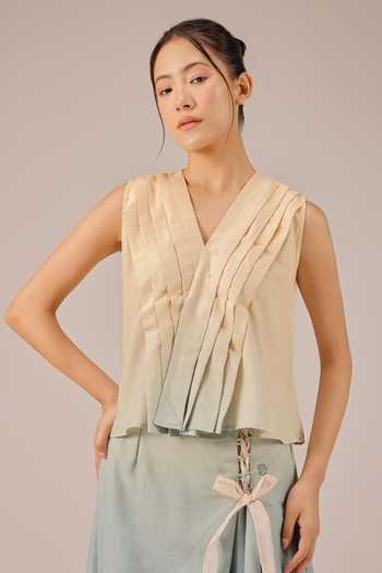 Buy_OurDve_Ivory Linen V-neck Berry Breeze Top And Skirt Set _Online_at_Aza_Fashions
