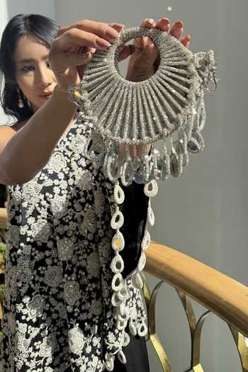 FOREVER NOOR_Silver Crystal Halo Embellished Bag _at_Aza_Fashions