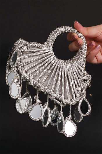 Buy_FOREVER NOOR_Silver Lumi Knot Mini Mirror Work Bag _Online_at_Aza_Fashions