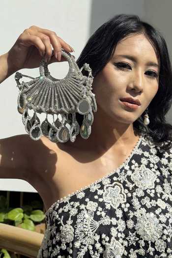 Shop_FOREVER NOOR_Silver Lumi Knot Mini Mirror Work Bag _Online_at_Aza_Fashions