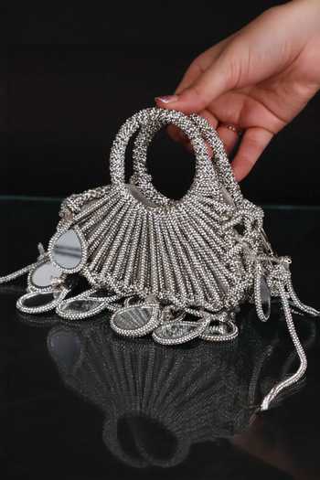 FOREVER NOOR_Silver Lumi Knot Mini Mirror Work Bag _at_Aza_Fashions