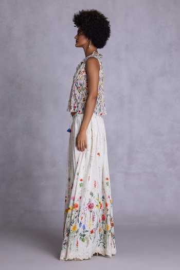 Payal Jain_Off White Georgette, Cambric V-neck Begonia Pintuck Crop Top _Online_at_Aza_Fashions