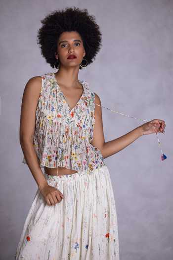 Shop_Payal Jain_Off White Georgette, Cambric V-neck Begonia Pintuck Crop Top _Online_at_Aza_Fashions