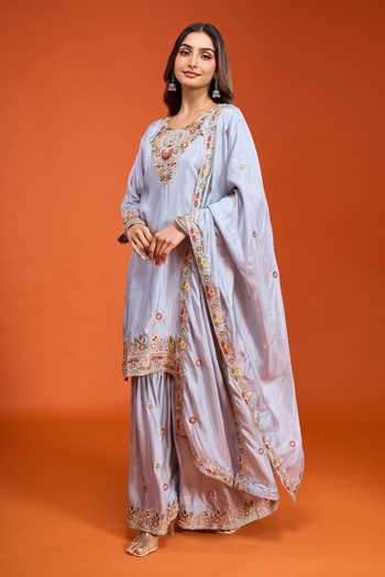 Shop Samyukta Singhania Grey Tissue Round Neck Embroidered Kurta Set Online at Aza Fashions Shop_Samyukta Singhania_Grey Tissue Round Neck Embroidered Kurta Set _Online_at_Aza_Fashions