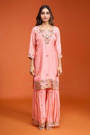 Samyukta Singhania_Peach Tissue Round Neck, Yes Embroidered Kurta Sharara Set _Online_at_Aza_Fashions
