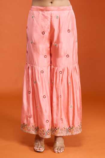 Buy_Samyukta Singhania_Peach Tissue Round Neck, Yes Embroidered Kurta Sharara Set _Online_at_Aza_Fashions