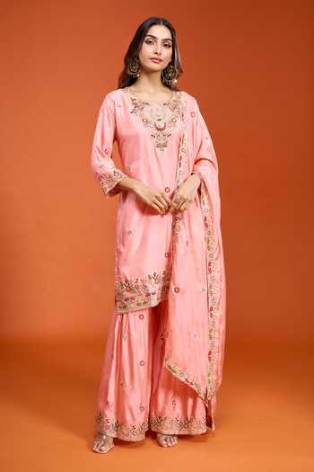 Shop_Samyukta Singhania_Peach Tissue Round Neck, Yes Embroidered Kurta Sharara Set _Online_at_Aza_Fashions