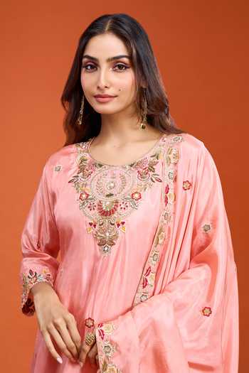 Samyukta Singhania_Peach Tissue Round Neck, Yes Embroidered Kurta Sharara Set _at_Aza_Fashions
