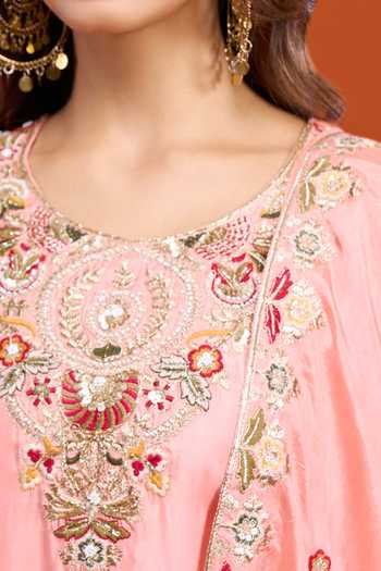 Buy_Samyukta Singhania_Peach Tissue Round Neck, Yes Embroidered Kurta Sharara Set 
