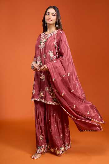 Buy_Samyukta Singhania_Maroon Tissue Round Neck, Yes Embroidered Kurta Set _Online_at_Aza_Fashions