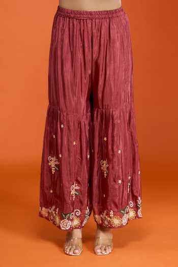Shop_Samyukta Singhania_Maroon Tissue Round Neck, Yes Embroidered Kurta Set _Online_at_Aza_Fashions
