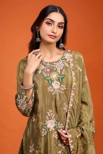 Samyukta Singhania_Green Chinon Round Neck Embroidered Kurta Sharara Set _Online_at_Aza_Fashions