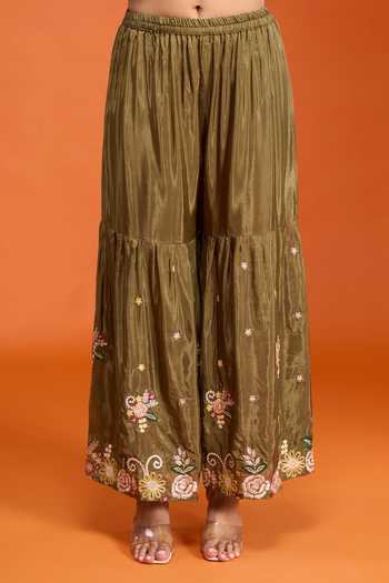 Buy_Samyukta Singhania_Green Chinon Round Neck Embroidered Kurta Sharara Set _Online_at_Aza_Fashions