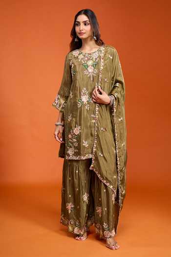 Shop_Samyukta Singhania_Green Chinon Round Neck Embroidered Kurta Sharara Set _Online_at_Aza_Fashions