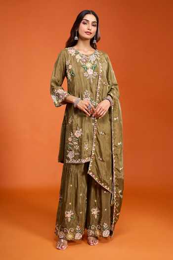 Samyukta Singhania_Green Chinon Round Neck Embroidered Kurta Sharara Set _at_Aza_Fashions