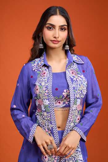 Shop_Samyukta Singhania_Blue Tissue Square , Collared Embroidered Jacket Palazzo Set _Online_at_Aza_Fashions