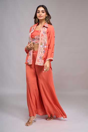 Shop_Samyukta Singhania_Orange Tissue Square , Collared Embroidered Jacket Palazzo Set _Online_at_Aza_Fashions